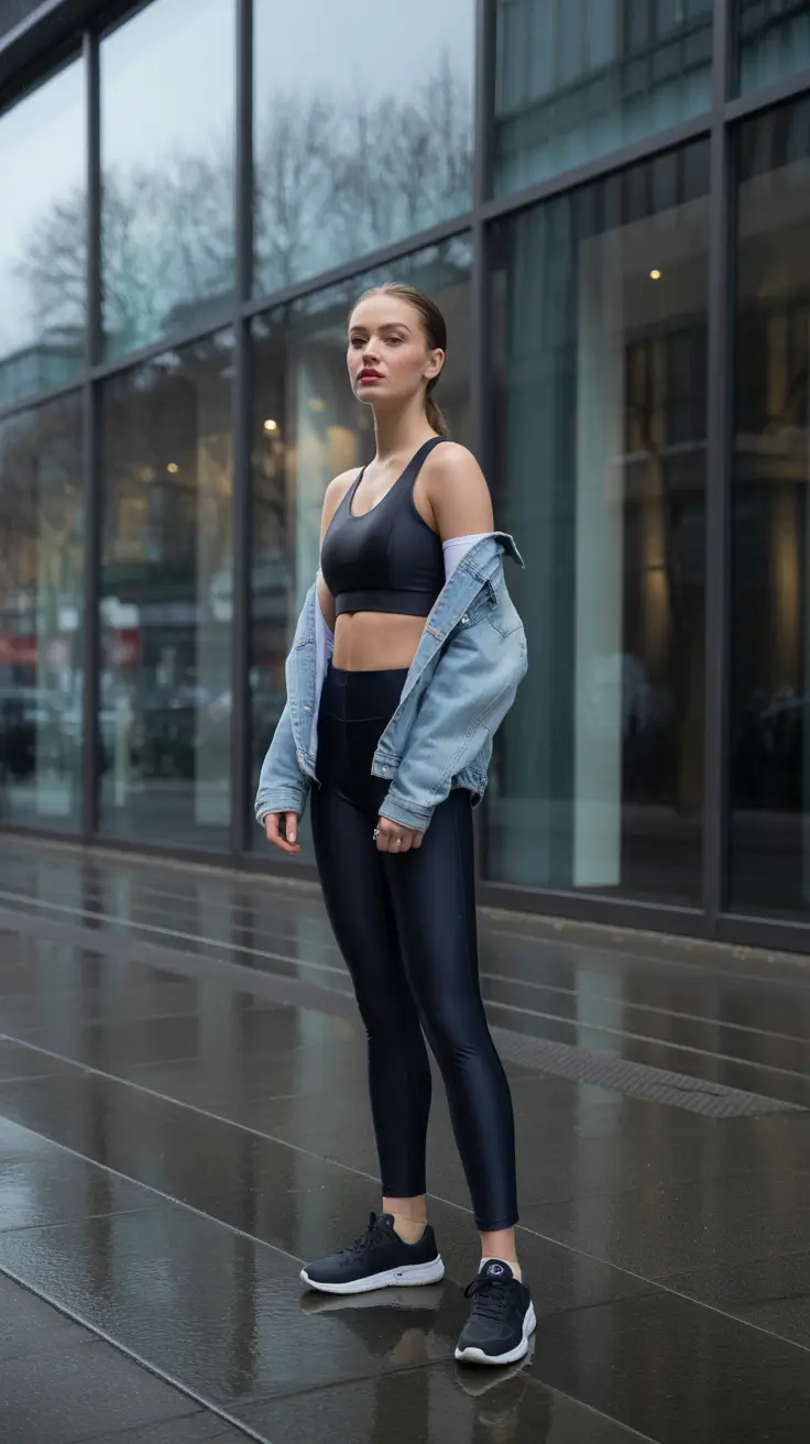 Trendy women workout outfits 2026 - Black performance set with light denim jacket