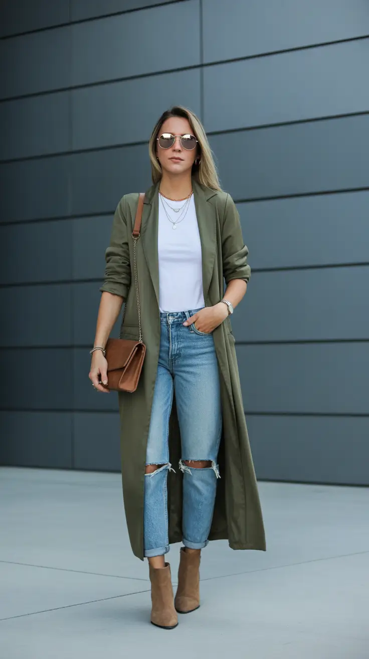 Trendy y2k outfits 2026 - Olive Duster With Ripped Denim And Suede Boots