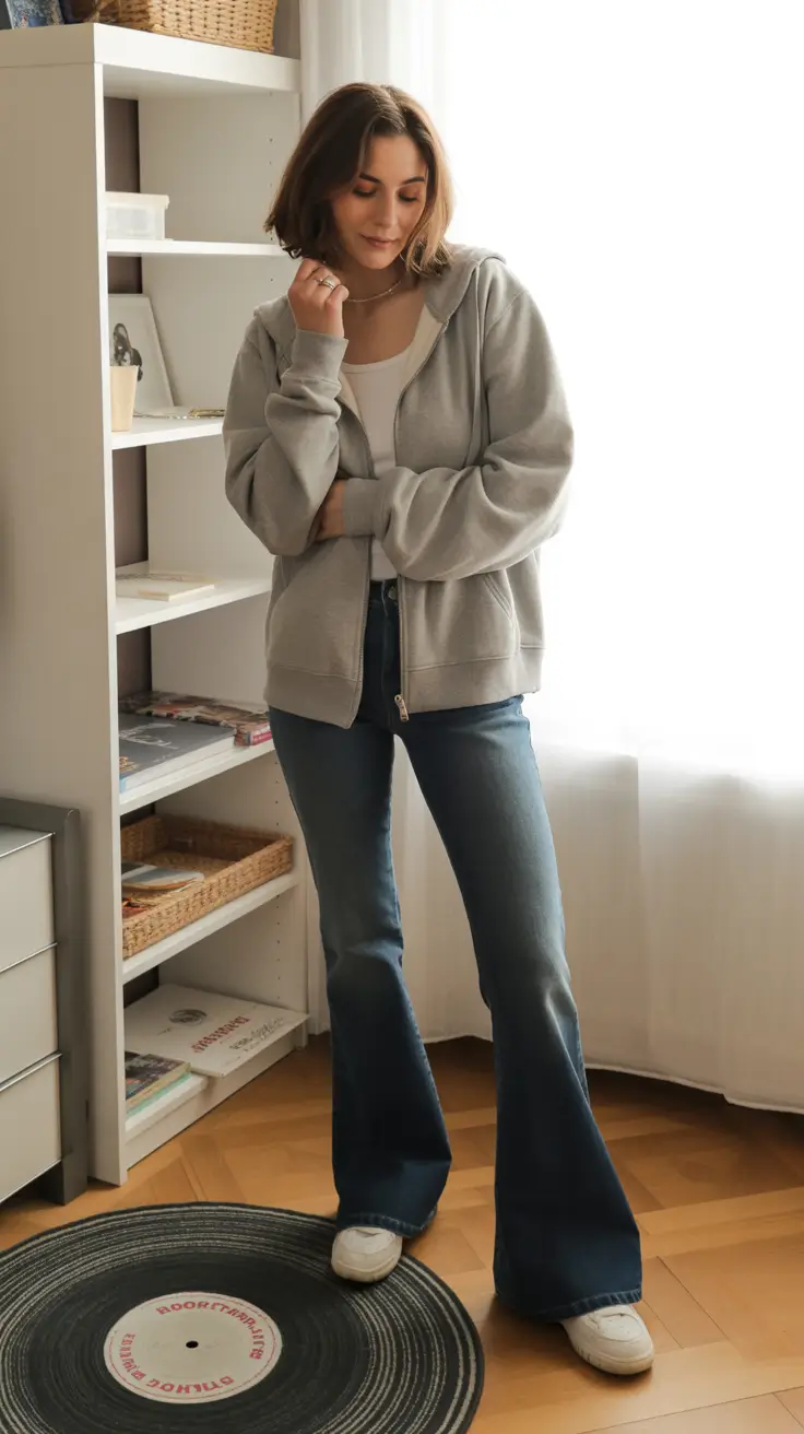 Trendy y2k outfits 2026 - Grey Zip Hoodie And Flare Jeans