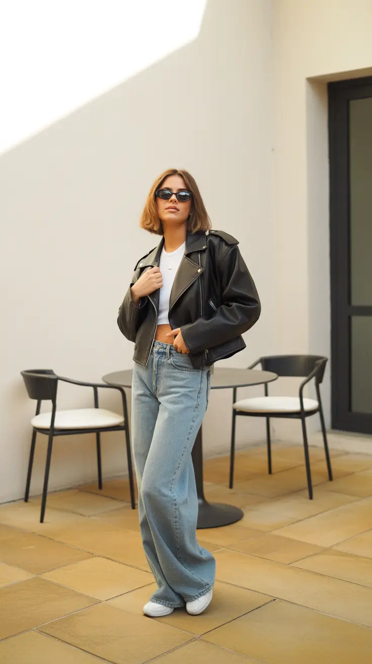 Trendy y2k outfits 2026 - Cropped Biker And Wide-Leg Denim