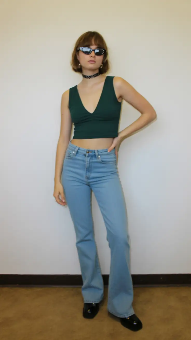 Trendy y2k outfits 2026 - Emerald Deep-V And Light Flares