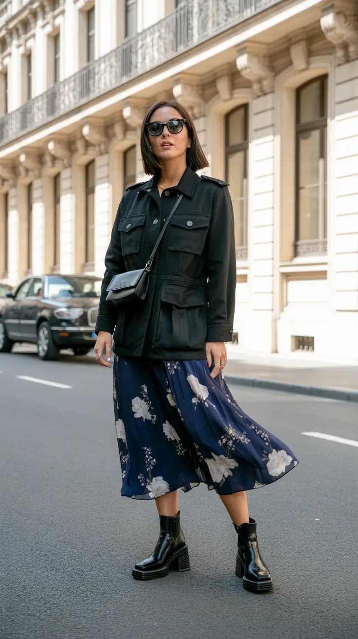 Trendy y2k outfits 2026 - Utility Jacket And Floral Midi With Chunky Boots