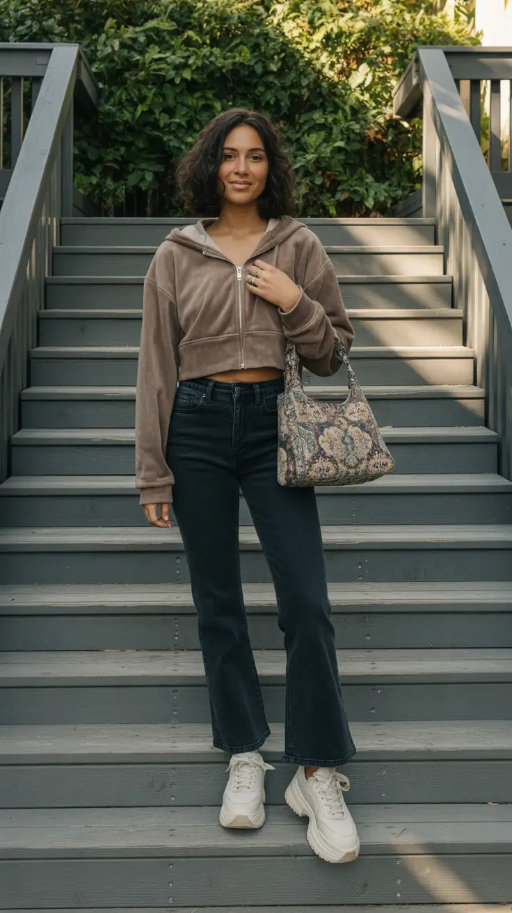 Trendy y2k outfits 2026 - Velour Zip Hoodie And Kick Flares