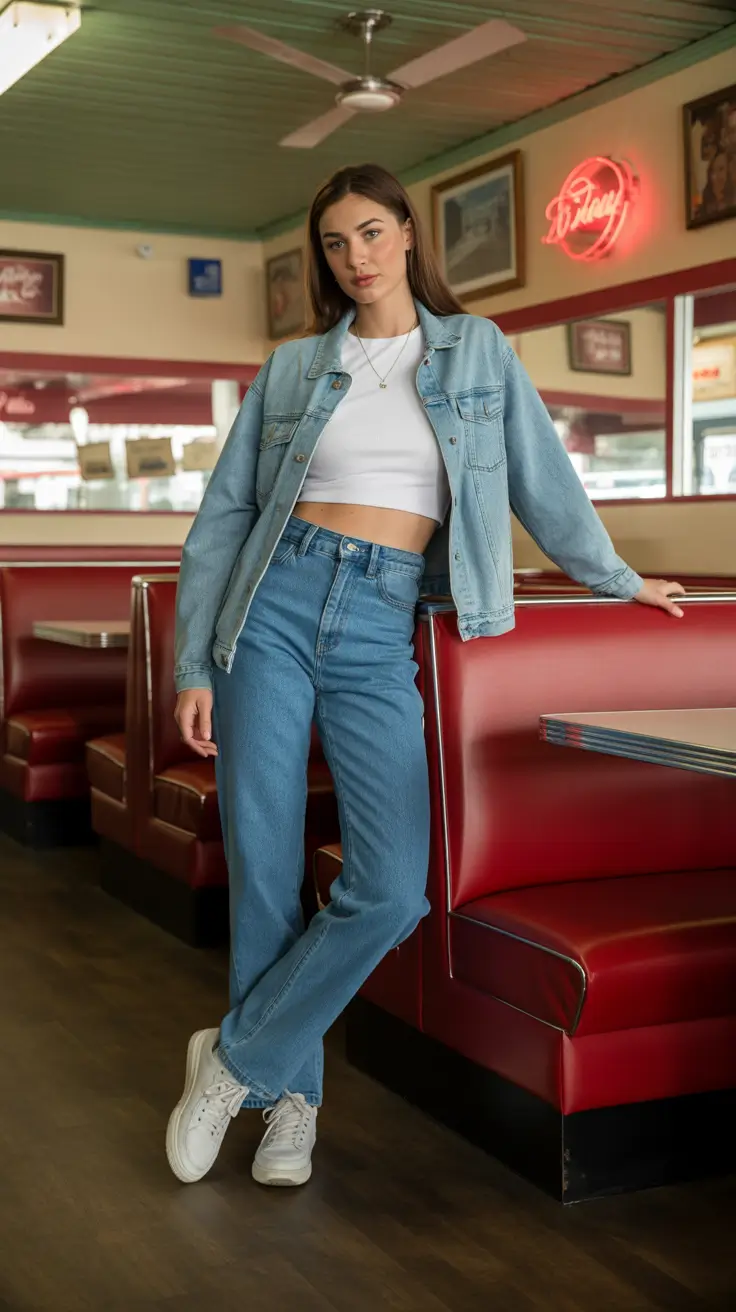 Trendy y2k outfits 2026 - Denim On Denim With Crop Top And Sneakers