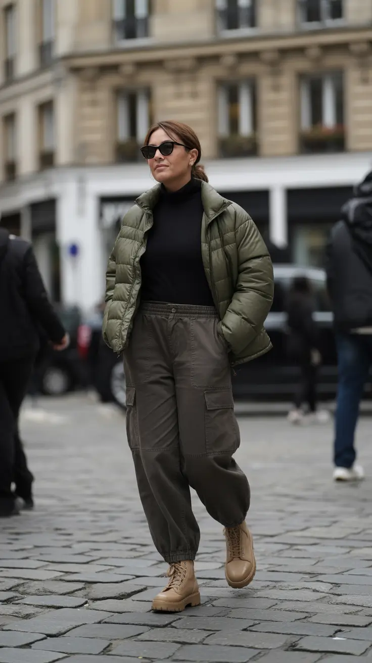 Trendy y2k outfits 2026 - Puffer And Cargo Joggers With Combat Boots