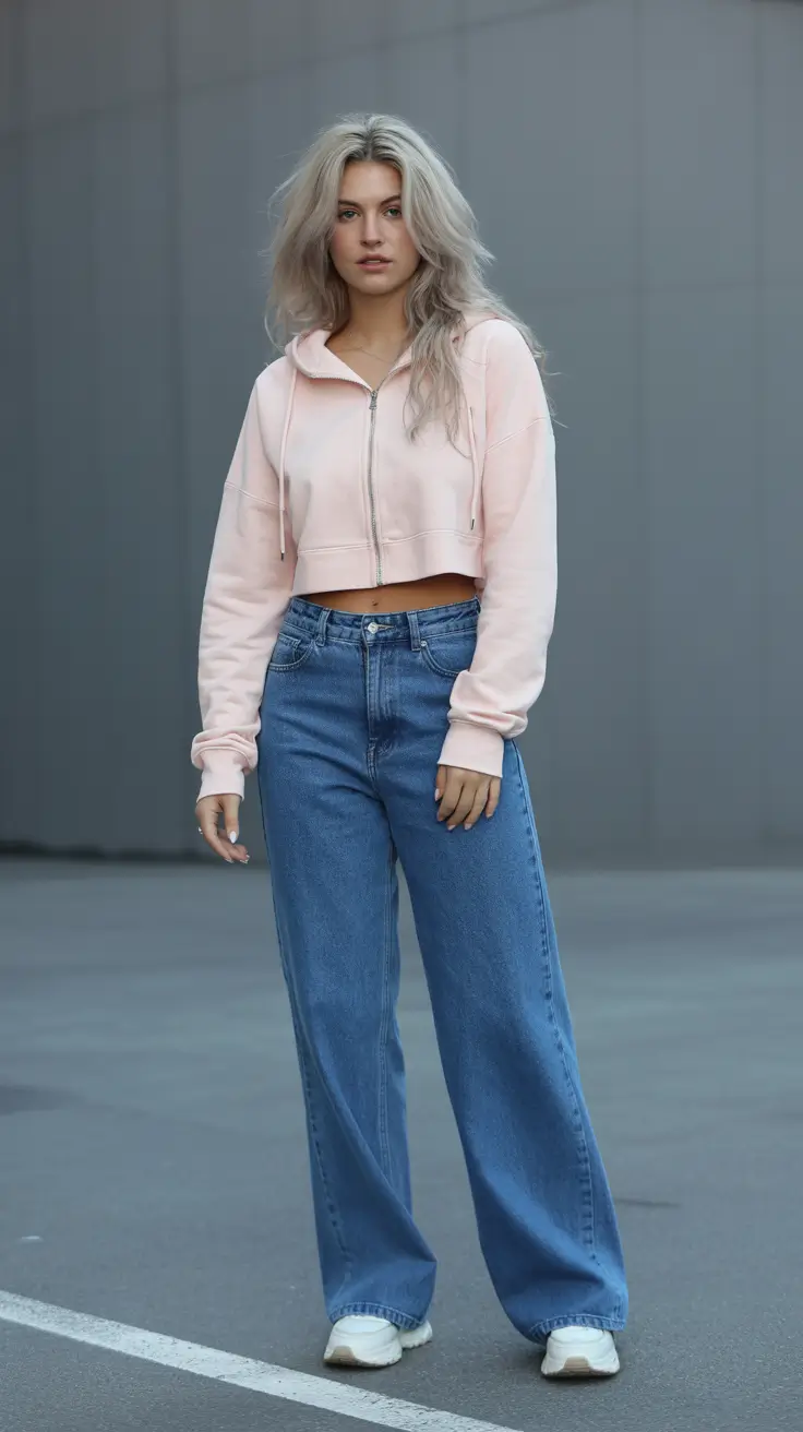 Trendy y2k outfits 2026 - Baby Pink Hoodie With Wide-Leg Denim