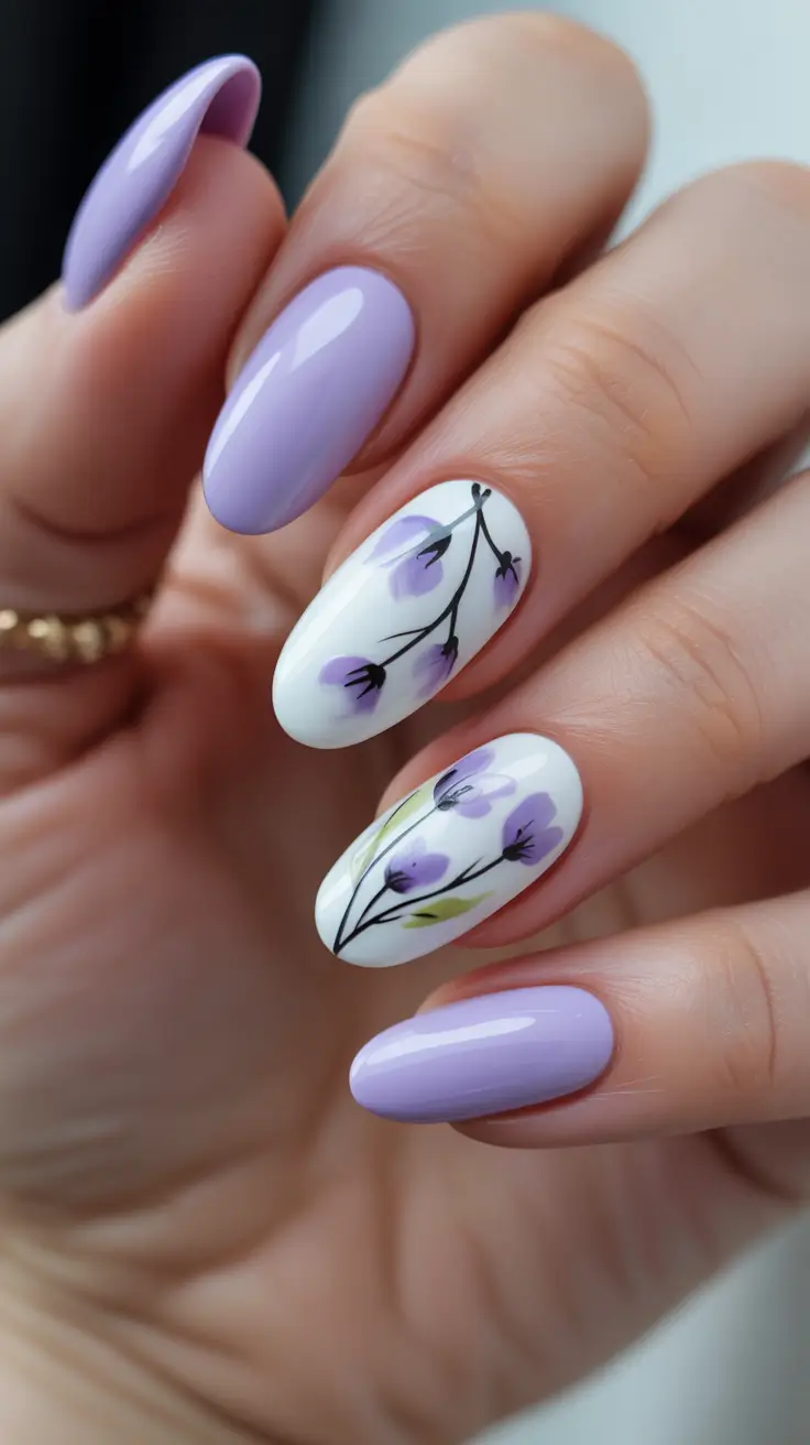 acrylic nail ideas 2026 Lavender Botanical Almond Nails