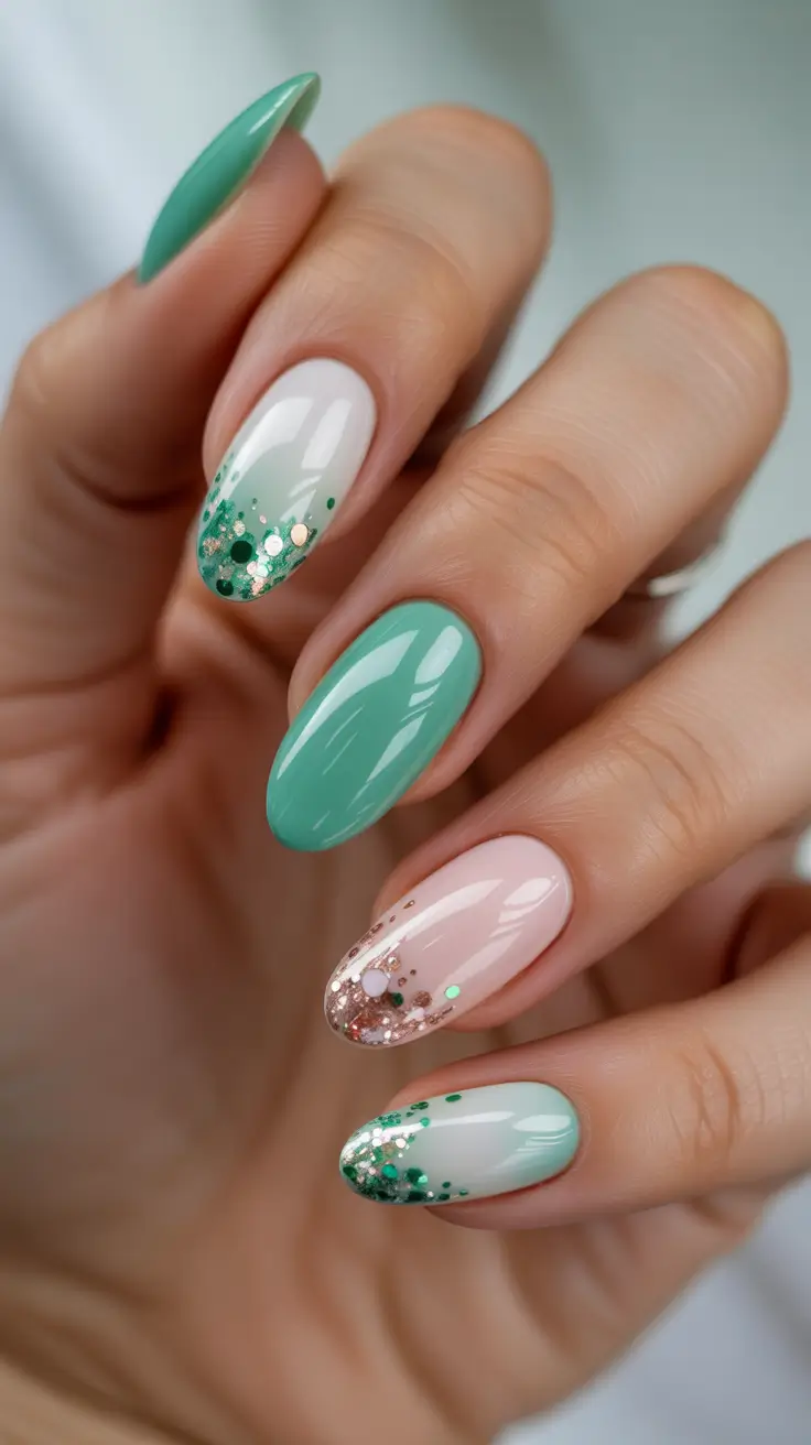 Acrylic Nail Ideas 2026 Mint Glaze With Glitter-Tip Confetti