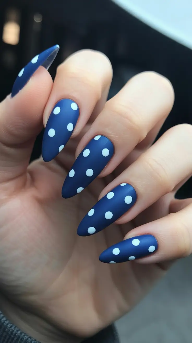 acrylic nail ideas 2026 Matte Navy Polka Dot Almond Nails
