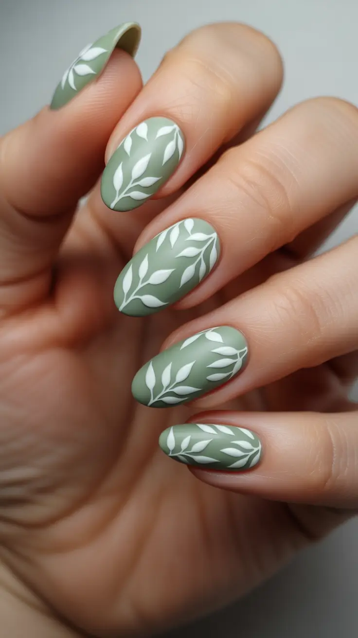 acrylic nail ideas 2026 Muted Sage Leaf Print Almond Nails