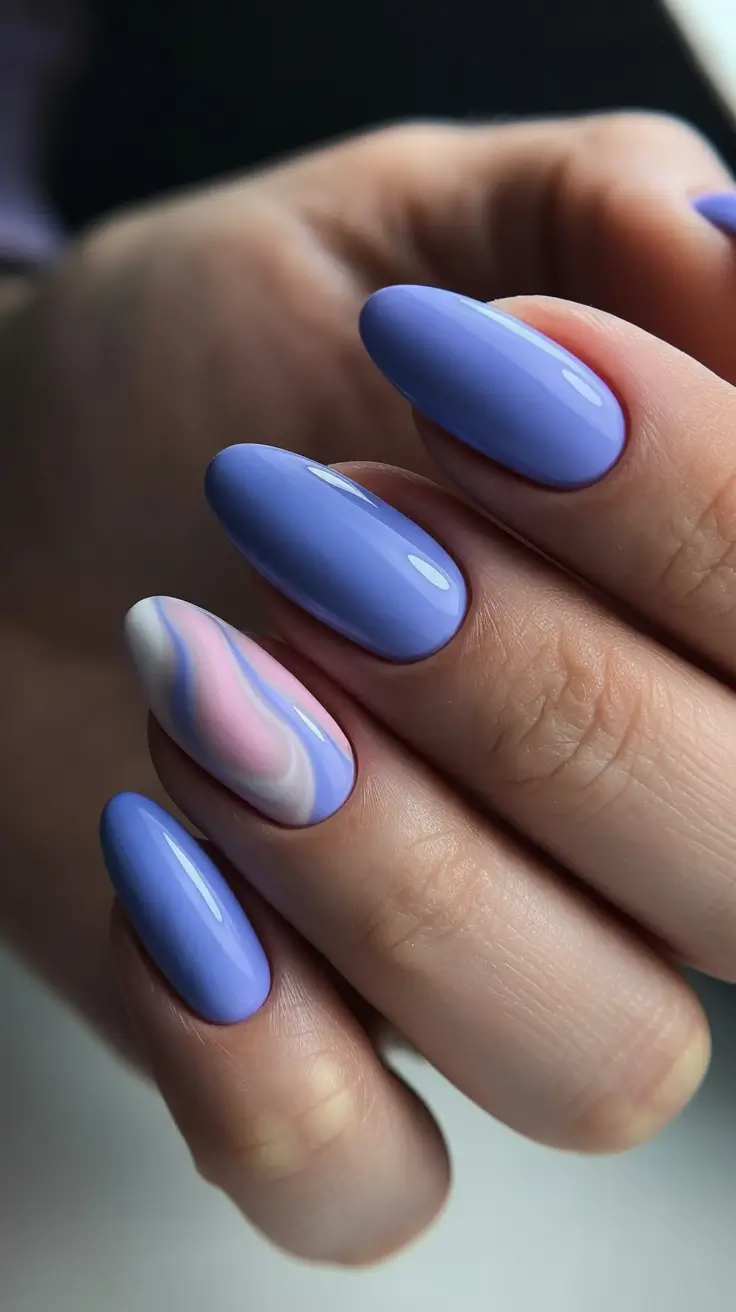 acrylic nail ideas 2026 Periwinkle Gloss With Soft Marble Accent