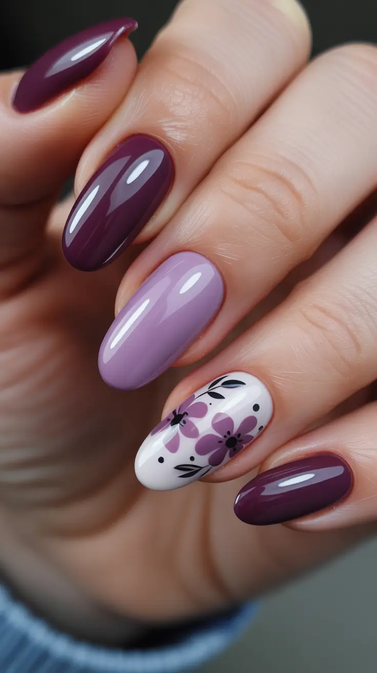 acrylic nail ideas 2026 Deep Plum And Mauve Mix With Floral Accent