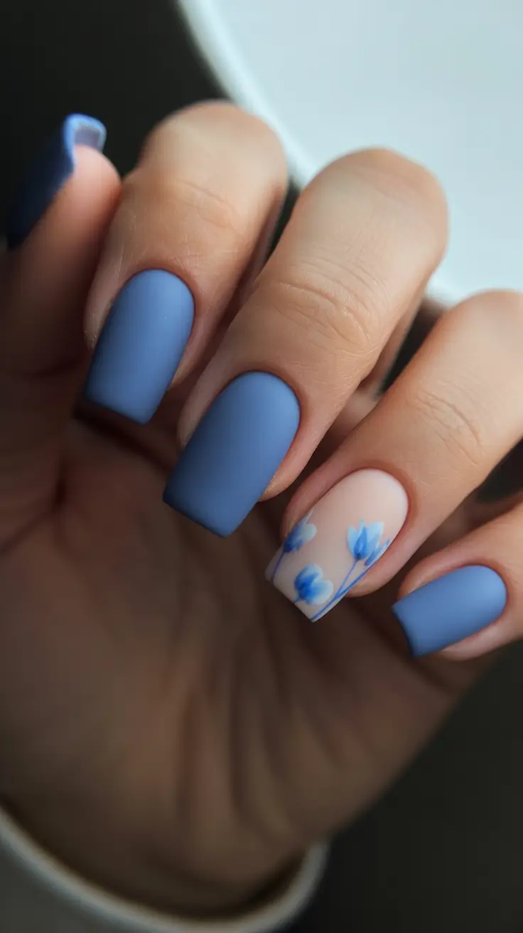 acrylic nail ideas 2026 Matte Denim Blue With Minimal Blossom Detail