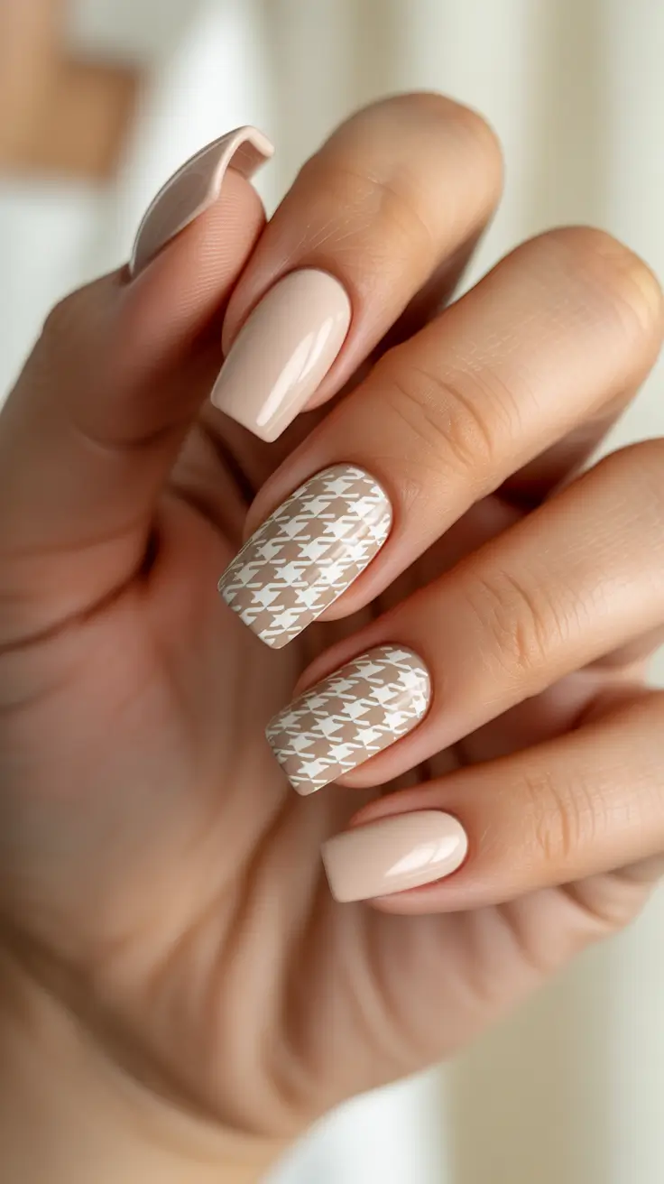 acrylic nail ideas 2026 Neutral Nude With Houndstooth Accent