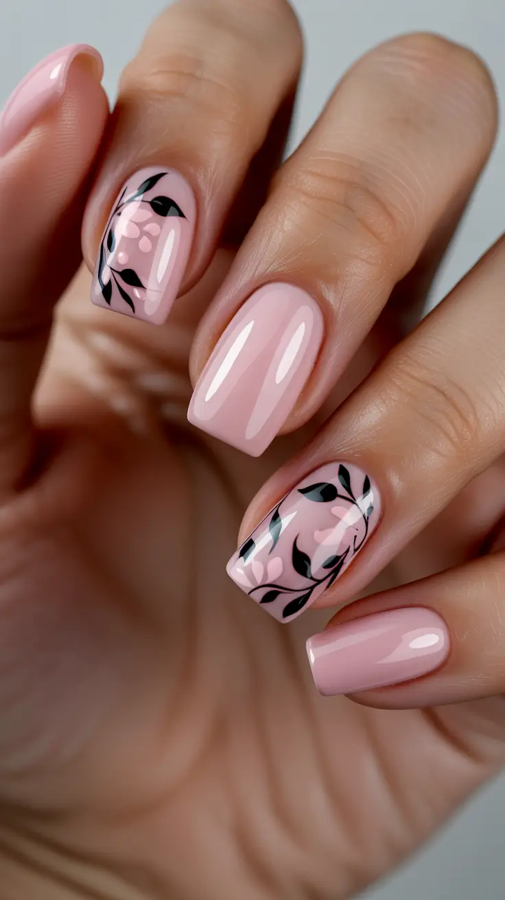 acrylic nail ideas 2026 Blush Pink Gloss With Black Botanical Linework