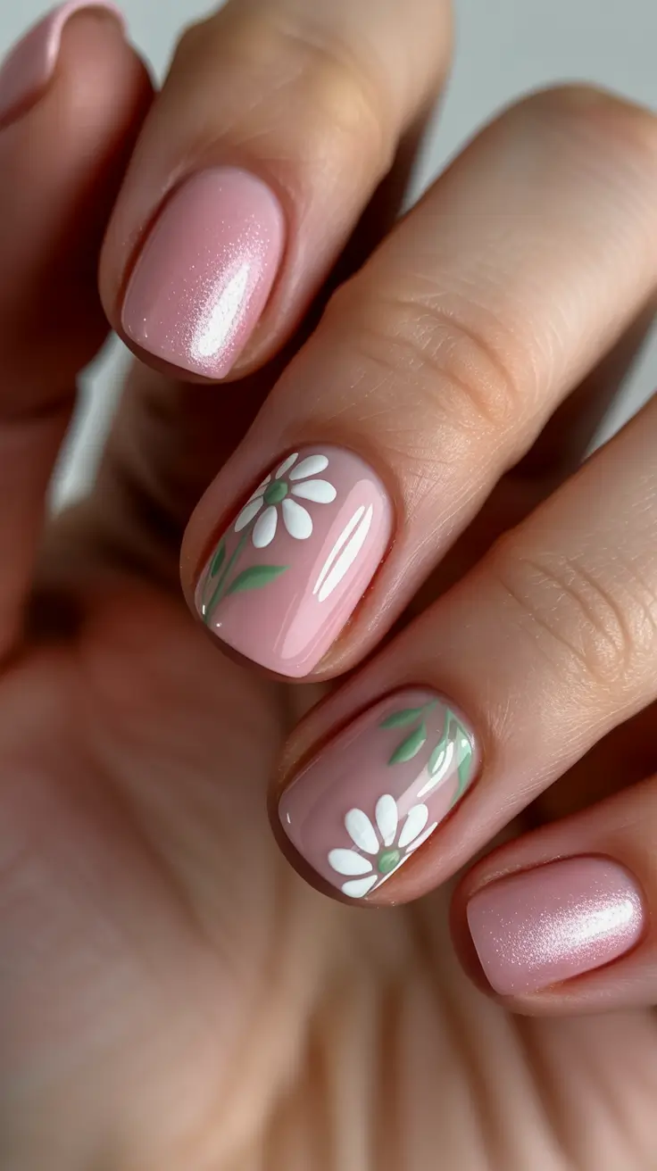 acrylic nail ideas 2026 Shimmery Baby Pink With Daisy Accents