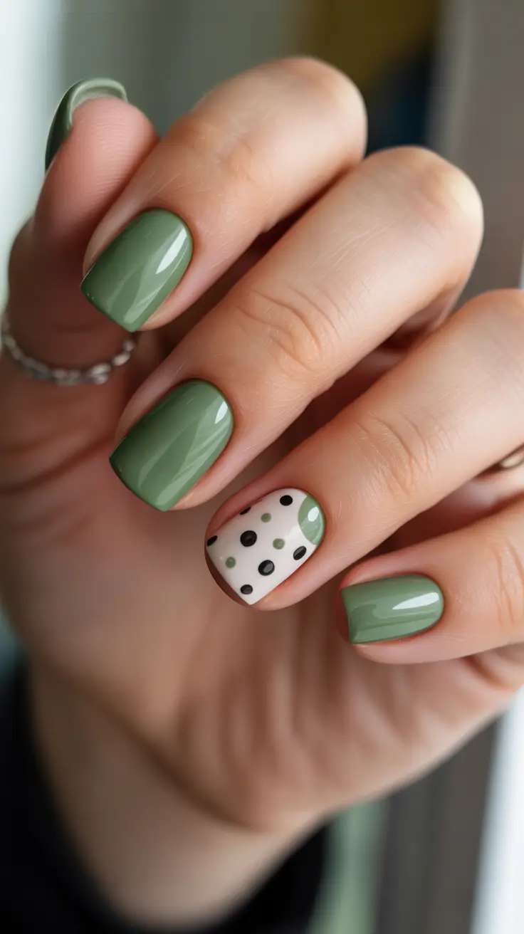 acrylic nail ideas 2026 Glossy Matcha Green With Polka Accent
