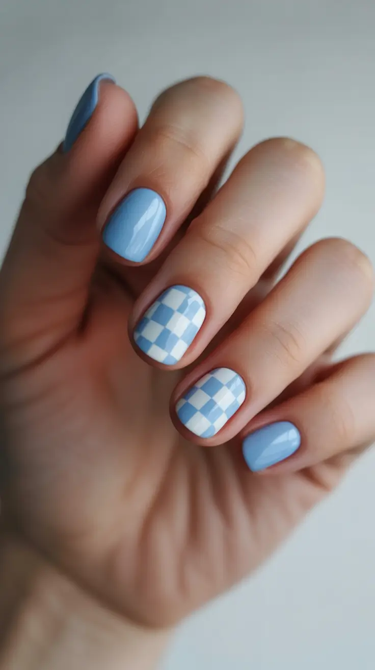 acrylic nail ideas 2026 Blue Gingham Short Nails
