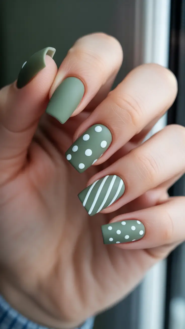 acrylic nail ideas 2026 Matte Sage Mix And Match Nails