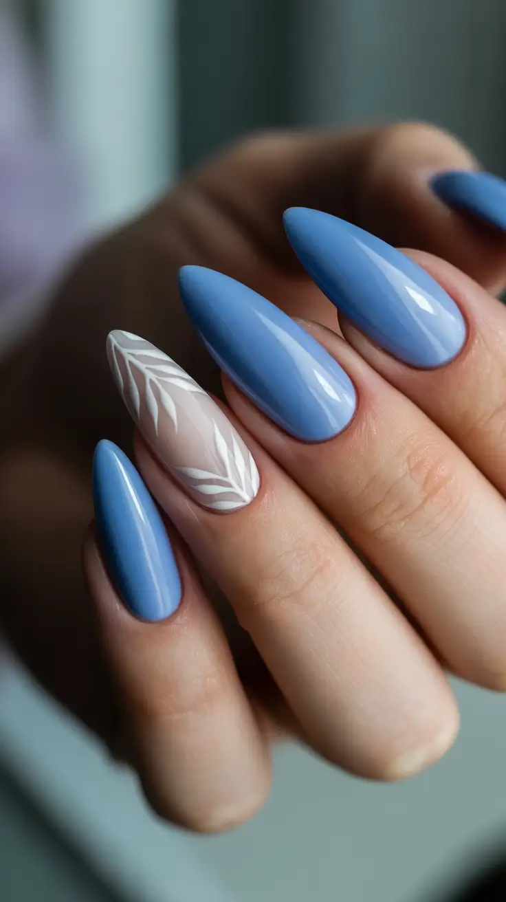 Acrylic Nail Ideas 2026 Powder Blue Elegance With A Whispery Leaf Accent
