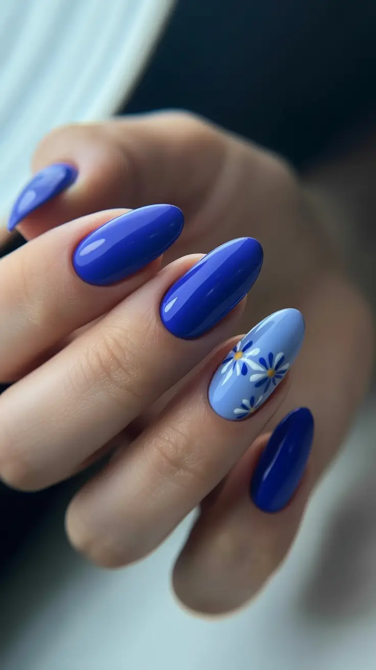 Acrylic Nail Ideas 2026 Cobalt Pop With Petite Daisy Detail
