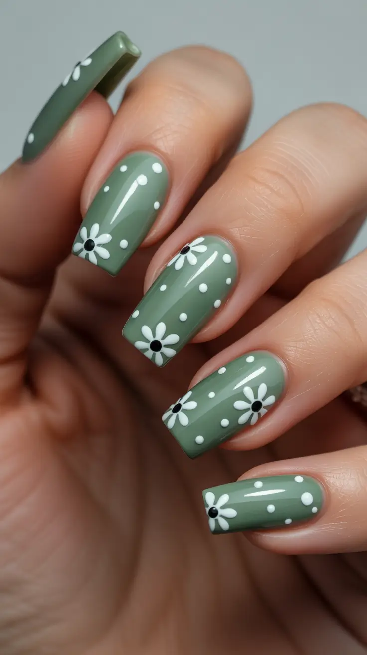 Acrylic Nail Ideas 2026 Olive Daisy Print For Everyday Short Chic