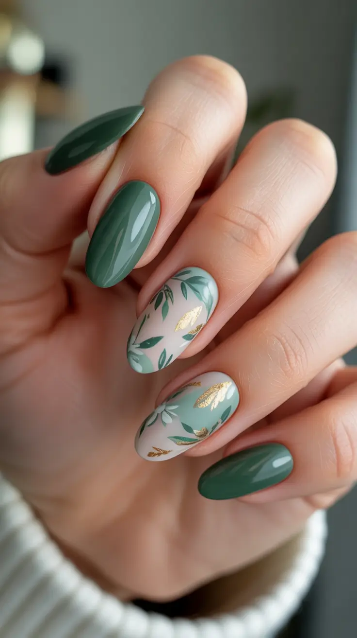 elegant almond nails 2026 - Forest Botanical Almond Elegance