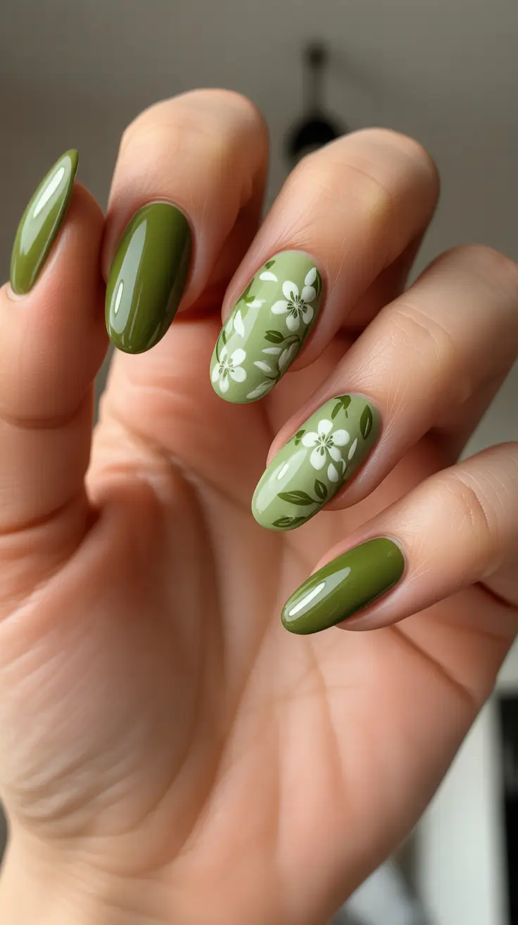 Elegant Almond Nails 2026 Fresh Olive Almond With Floral Motifs