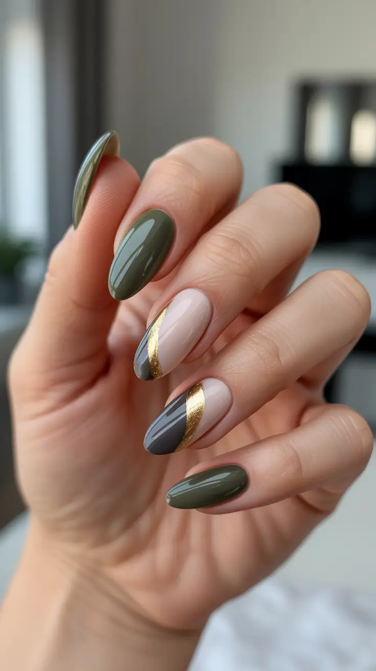 elegant almond nails 2026 - Olive And Charcoal Gold Ribbon Almonds