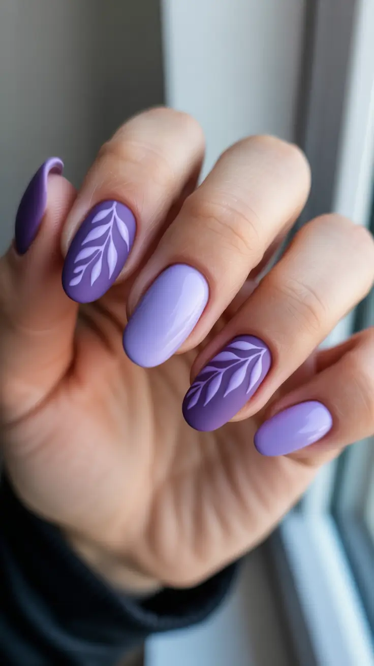elegant almond nails 2026 - Two Tone Lavender Leafy Almonds