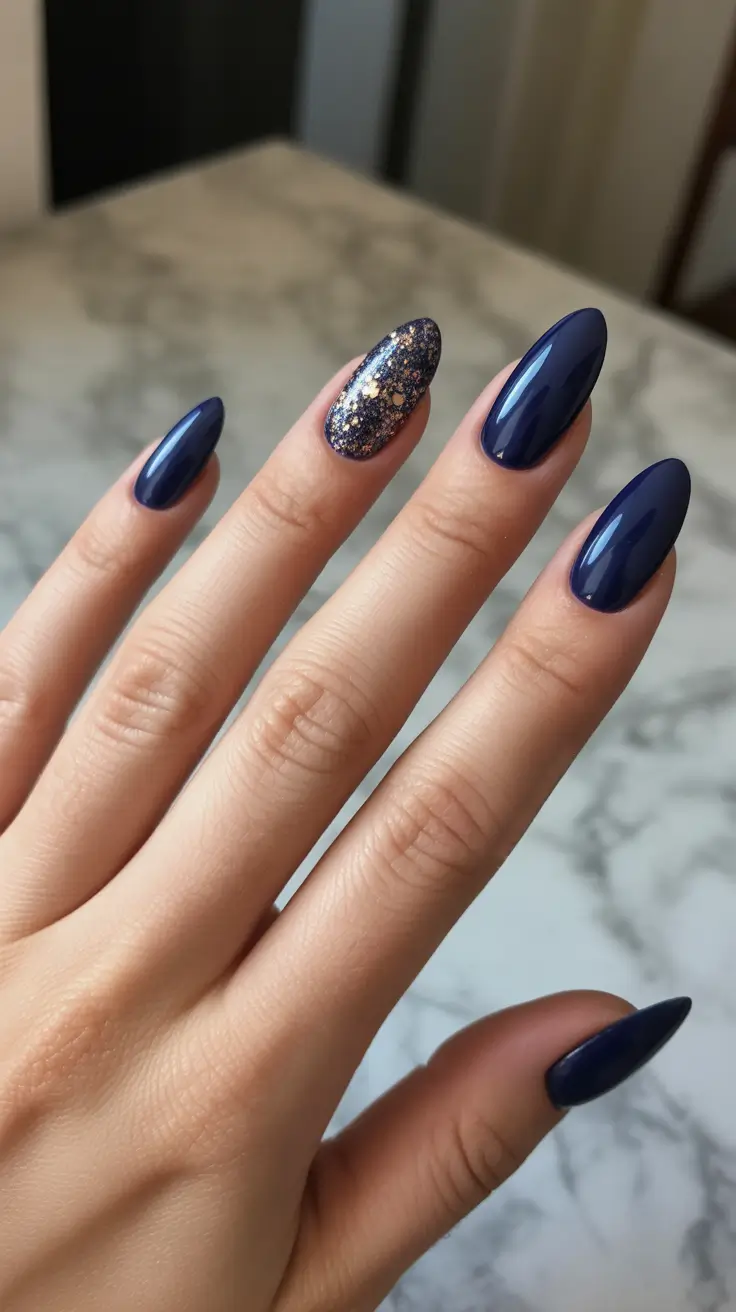 elegant almond nails 2026 - Midnight Blue Galaxy Accent Almonds