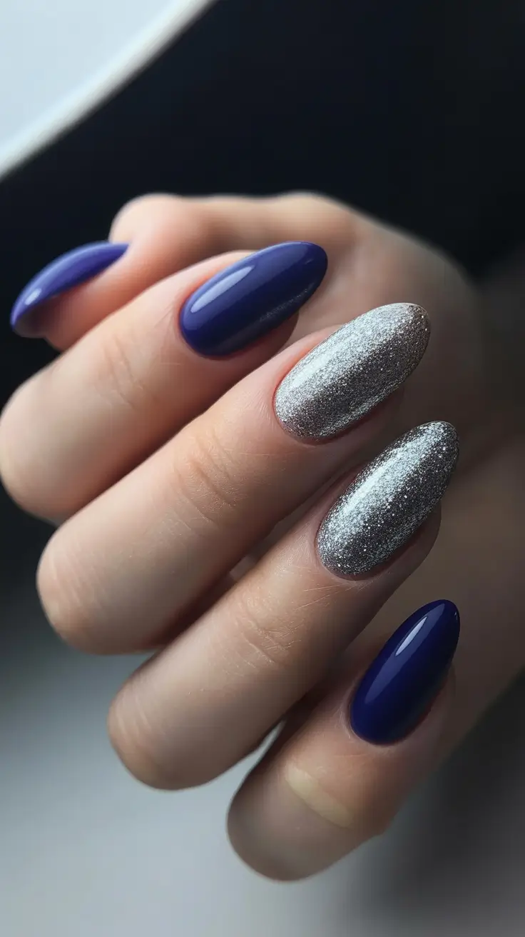 elegant almond nails 2026 - Navy And Silver Party Almond Nails