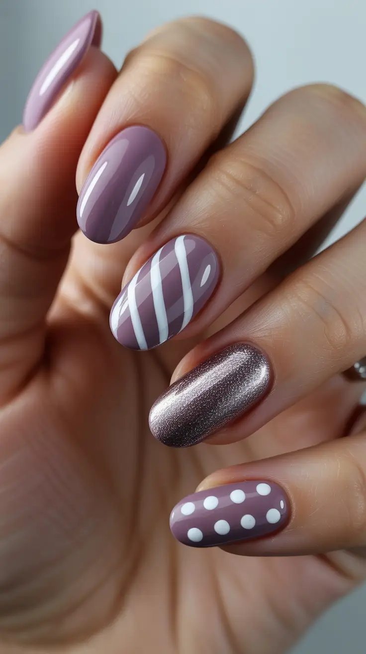 elegant almond nails 2026 - Dusty Mauve Dots And Stripes Almonds