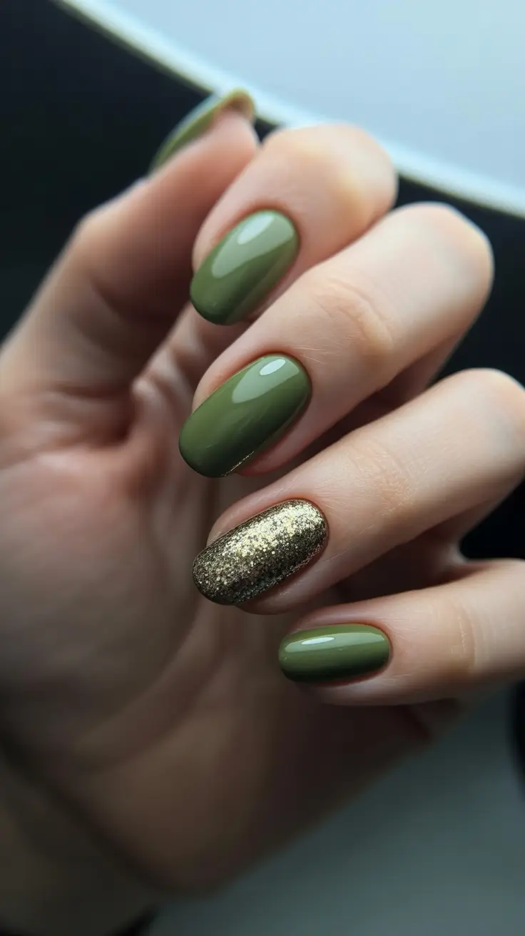 Elegant Almond Nails 2026 Olive Almond With Golden Spark Accent