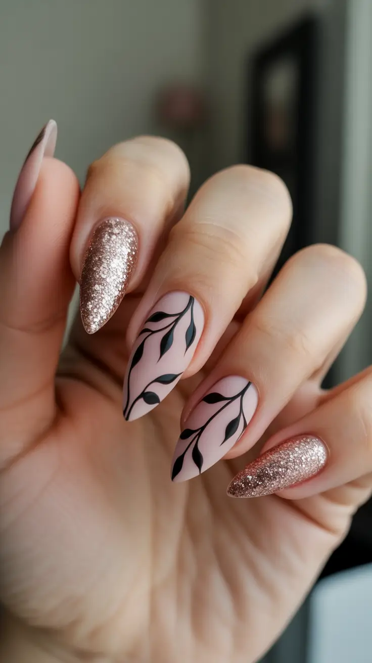 Elegant Almond Nails 2026 Rose Glitter Almond With Graphic Leaves