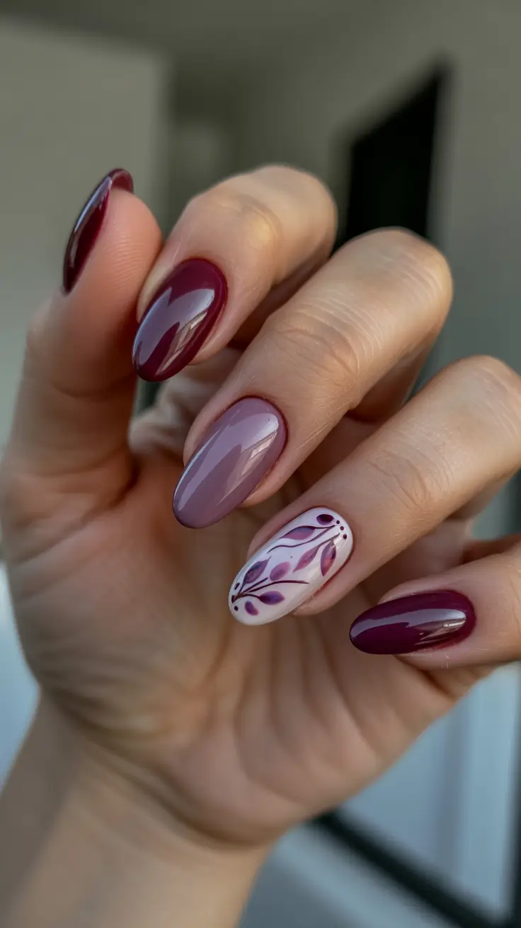 Elegant Almond Nails 2026 Wine And Mauve Almond With Botanical Accent