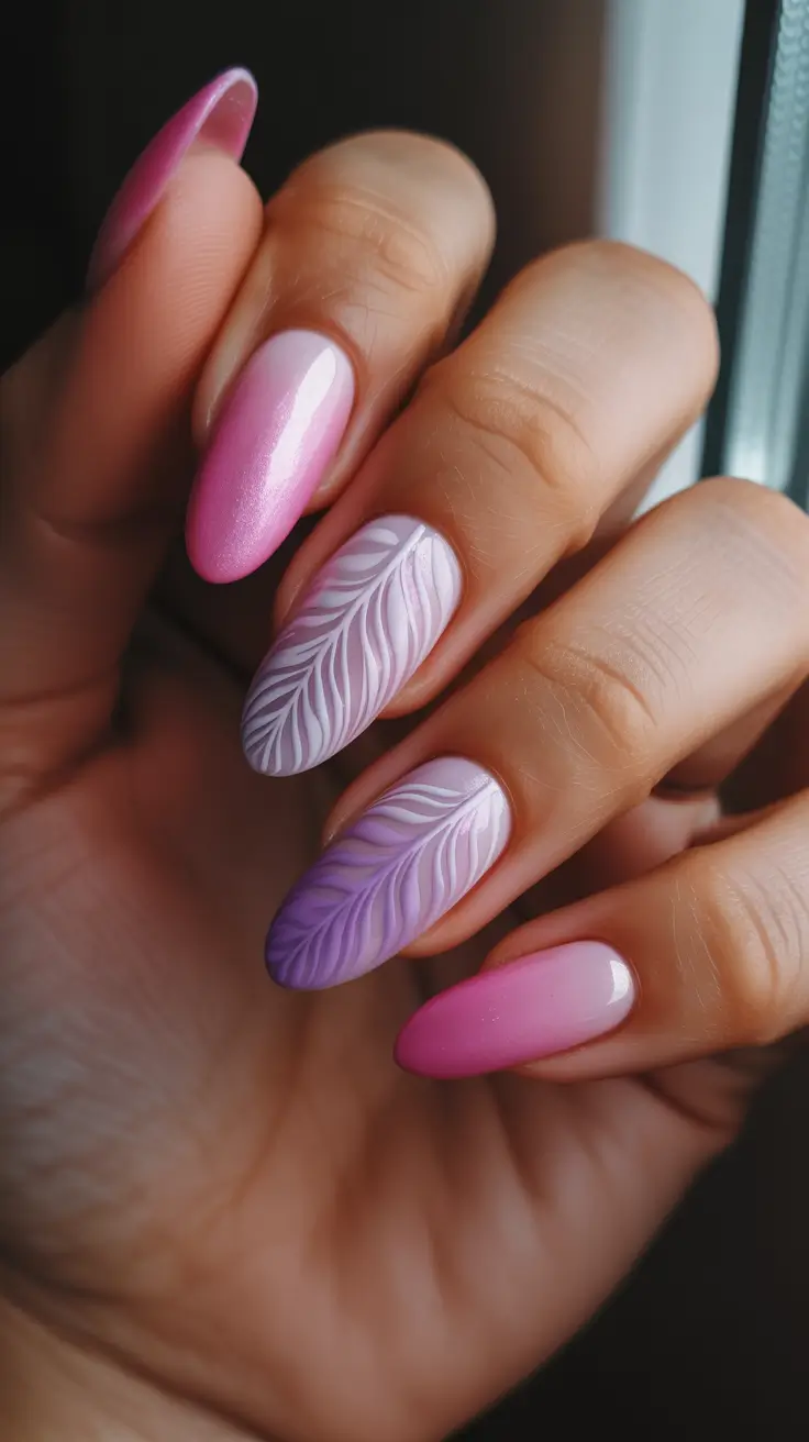 elegant almond nails 2026 - Pink And Lavender Feather Fantasy