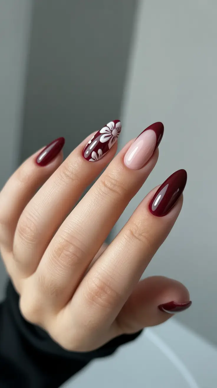 Elegant Almond Nails 2026 Burgundy Almond French With Floral Accent
