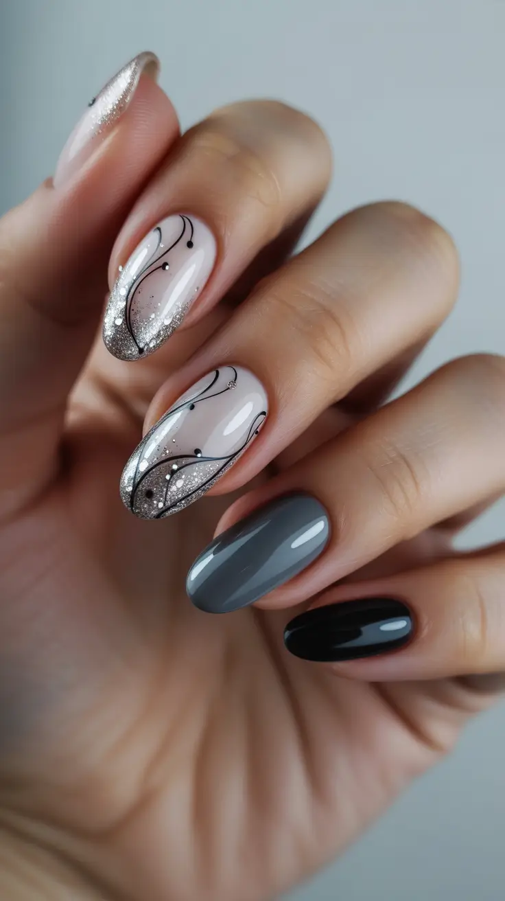 elegant almond nails 2026 - Silver Swirl Evening Glam Almonds