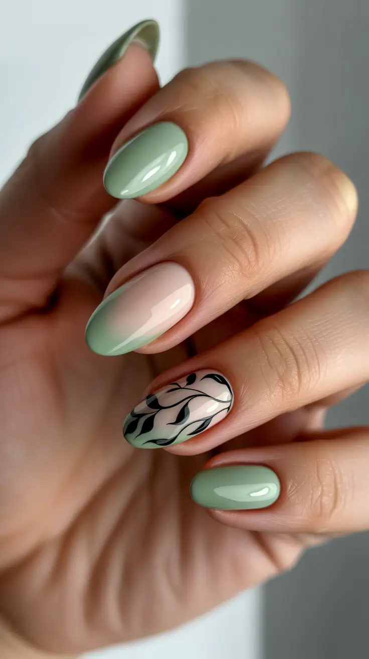 elegant almond nails 2026 - Pistachio Ombre With Graphic Vines
