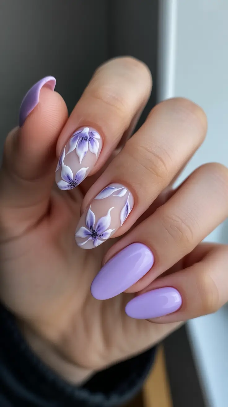 elegant almond nails 2026 - Lavender Garden Almond Romance