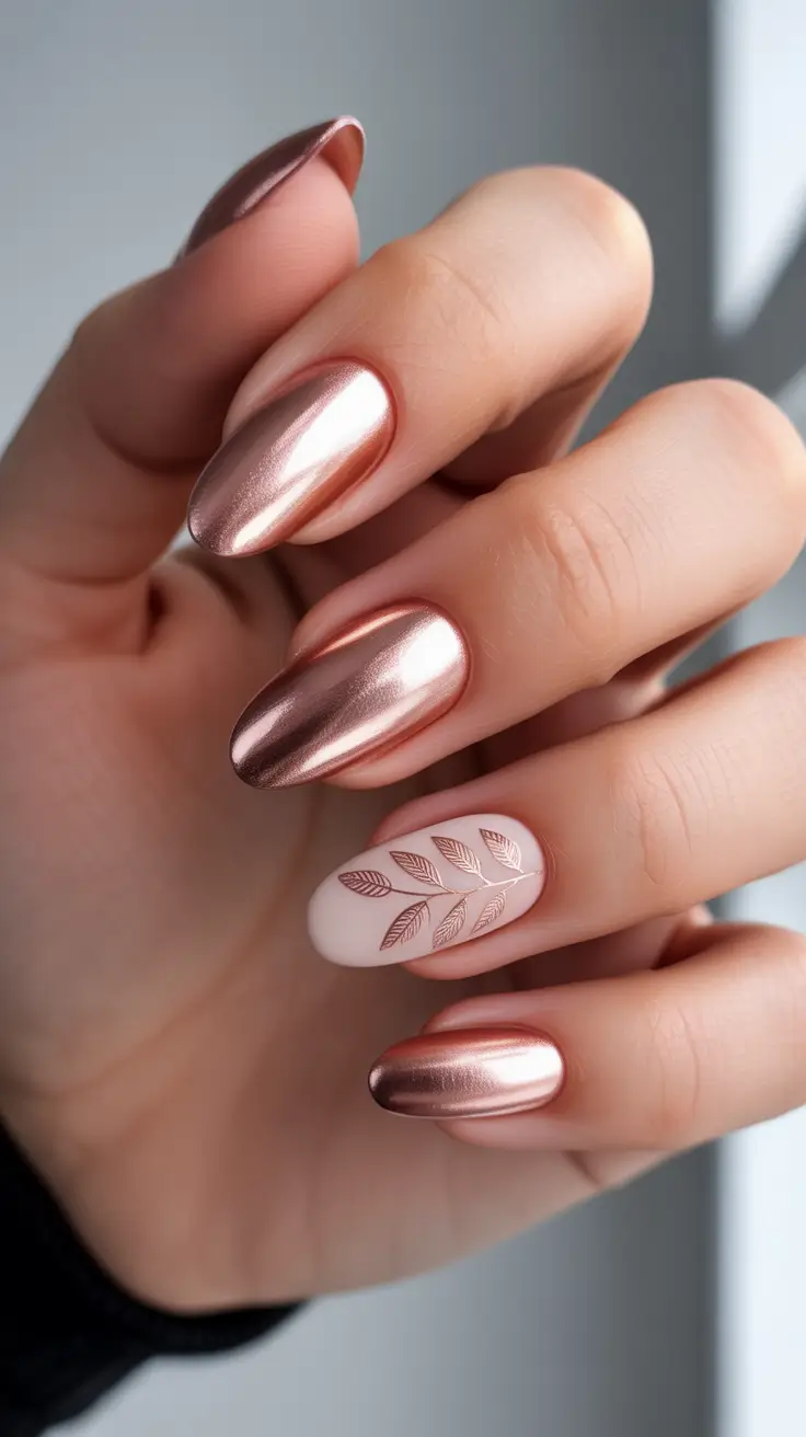 Elegant Almond Nails 2026 Rose Gold Mirror Almond Glow