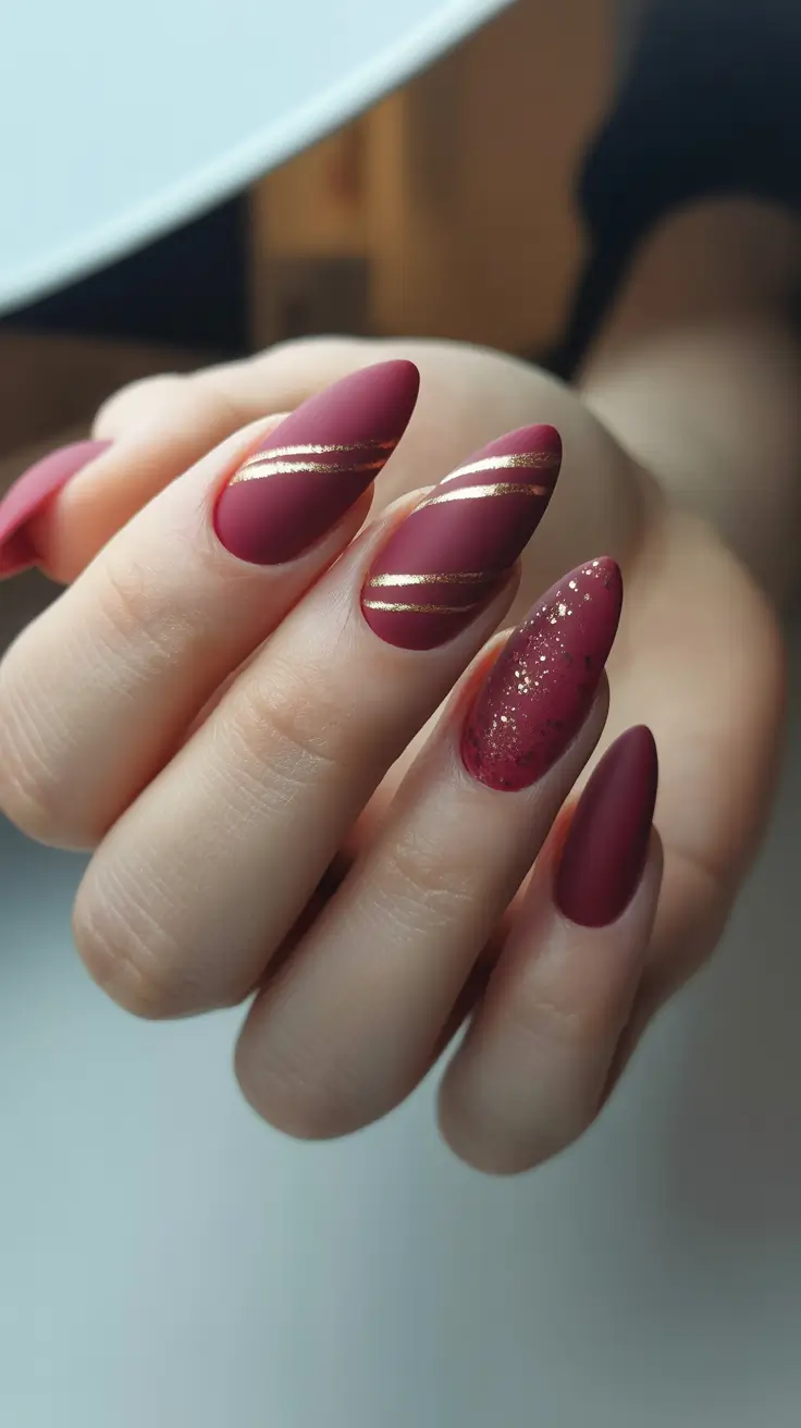 Elegant Almond Nails 2026 Velvet Berry Almond With Gold Details