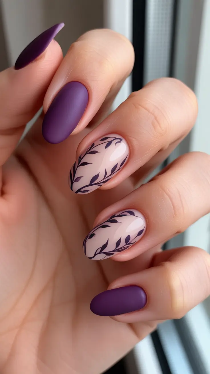 Elegant Almond Nails 2026 Matte Plum Almond With Botanical Art
