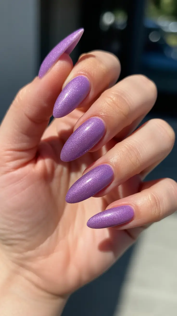 birthday nails 2026 Lavender Shimmer Almond Birthday Nails