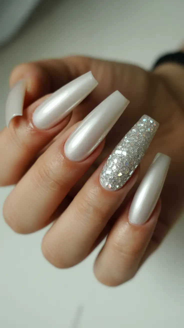 birthday nails 2026 Pearl Chrome Coffin Nails With Silver Accent