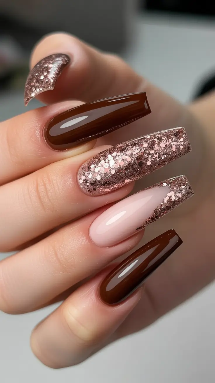 birthday nails 2026 Mocha And Rose Gold Glitter Coffin Nails