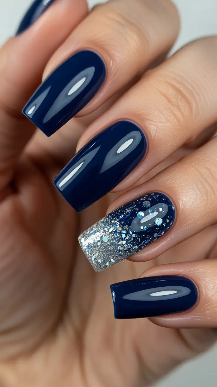 birthday nails 2026 Midnight Blue Sparkle Square Birthday Nails