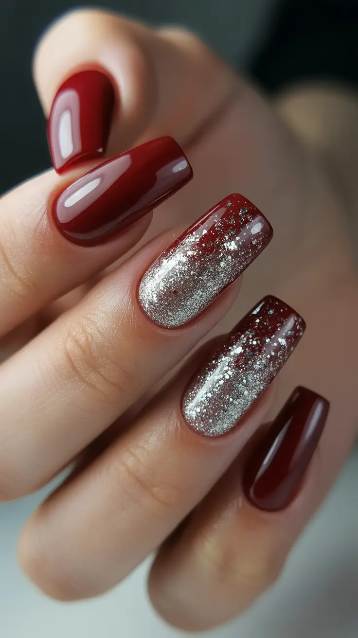 birthday nails 2026 Deep Red Glitter Ombre Coffin Nails