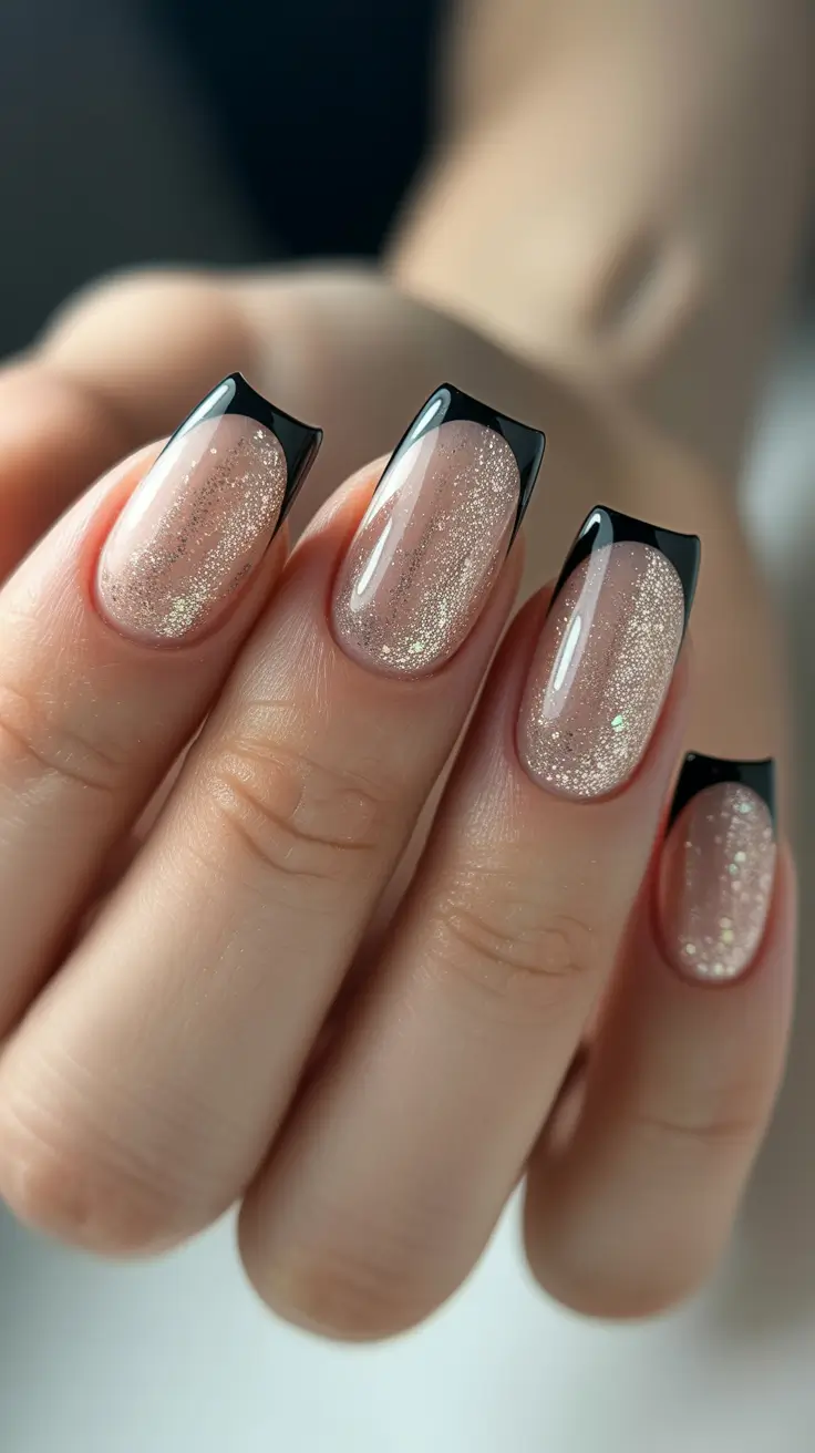 birthday nails 2026 Glitter French Tips With Black Edges
